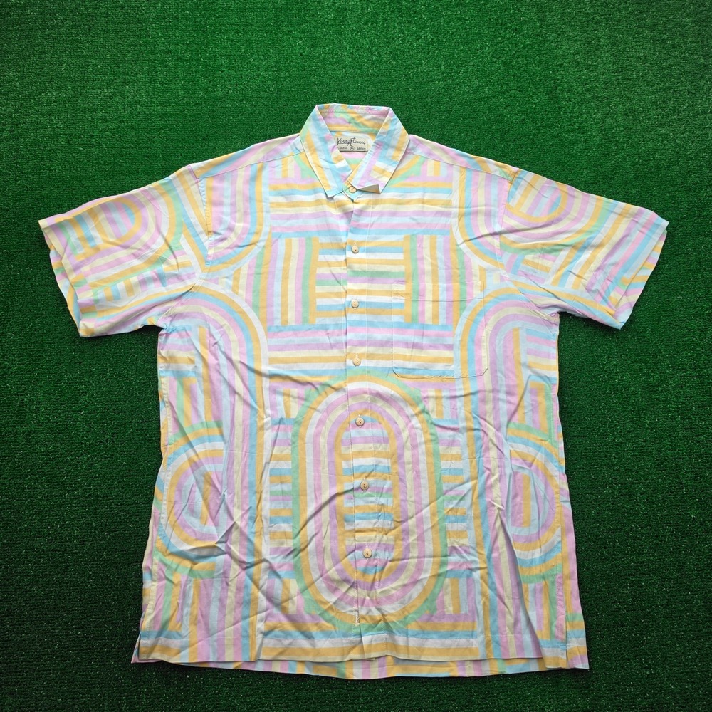 Kenny Flowers Limited Edition Shirt Mens XL Pastel Rainbow Geometric Bali Rayon
